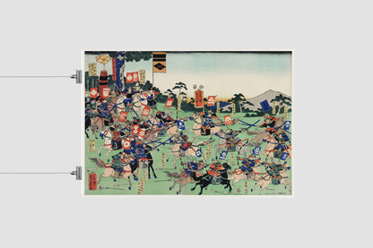 Kawanakajima no Kassen by Utagawa Kuniyoshi (1798-1861), a woodcut diptych of battle at Kawanakajima, showing two armies of cavalry in a battle with swordsmen and archers on horseback
