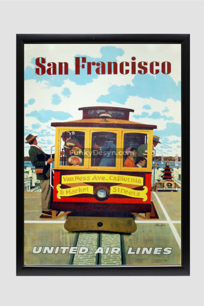 United Airlines San Francisco Vintage Poster 11.7X16.54 Inches/ Black Framed Decor