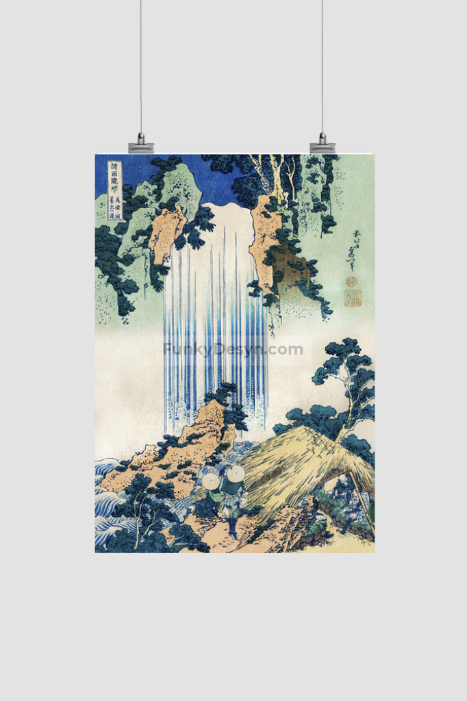 Yoro Waterfall in Mino Province by Katsushika Hokusai (1760-1849) a traditional Japanese Ukyio-e style illustration of two travellers looking at a waterfall and some travelers resting at the side