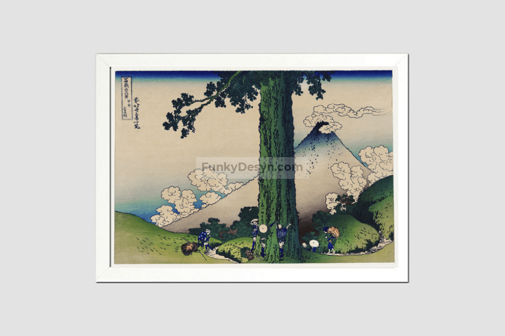 Mishima Pass in Kai Province by Katsushika Hokusai (1760-1849) a traditional Japanese Ukyio-e style illustration of Japanese local famers taking a break by the tree and Mount Fuji in the distance