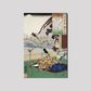 Kakinomoto no Hitomaro by Utagawa Kuniyoshi (1798-1861), a woodcut illustration of an elderly man in traditional Japanese house with a nature view writing a poem