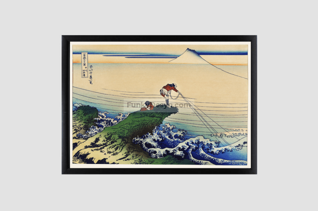 Koshu Kajikazawa by Katsushika Hokusai (1760-1849) a traditional Japanese Ukyio-e style illustration of a fisherman inland fishing with Mount Fuji in the background