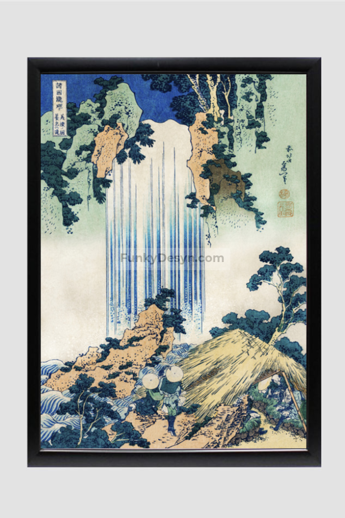 Yoro Waterfall in Mino Province by Katsushika Hokusai (1760-1849) a traditional Japanese Ukyio-e style illustration of two travellers looking at a waterfall and some travelers resting at the side