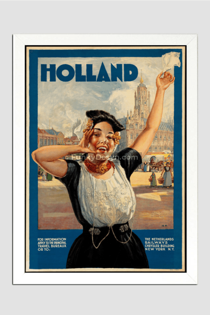 Holland Tourism Vintage Poster 11.7X16.54 Inches/ White Framed Decor