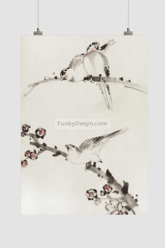 Three Birds Perched on Branches, One with Blossoms by Katsushika Hokusai