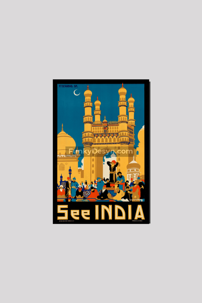 Visit India- Vintage Hyderabad Poster 8X12 Inches/ Wrapped Canvas Decor