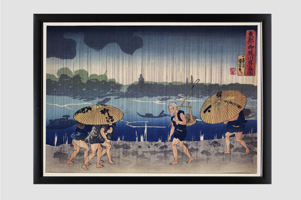 “People Walking Beneath Umbrellas Along the Seashore During a Rainstorm” by Utagawa Kuniyoshi (1798-1861), a woodcut illustrations of rural people traveling while raining.