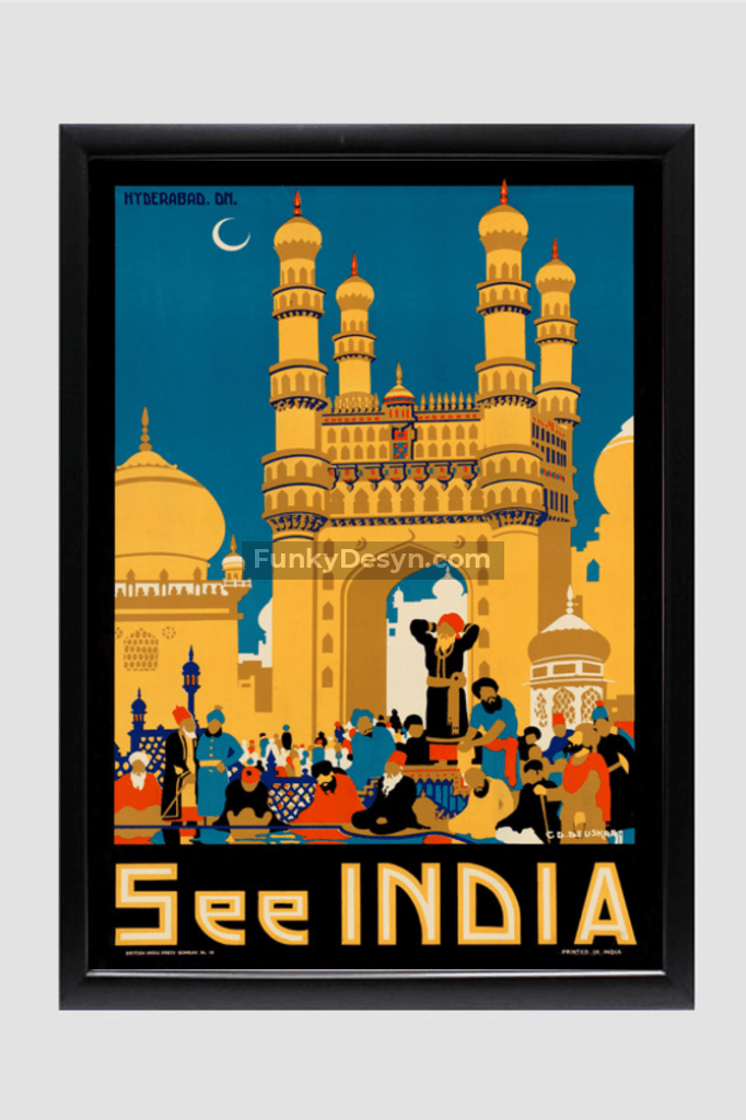 Visit India- Vintage Hyderabad Poster 11.7X16.54 Inches/ Black Framed Decor