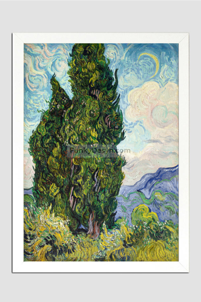 Cypresses (1889) By Vincent Van Gogh. 11.7X16.54 Inches/ White Framed Poster