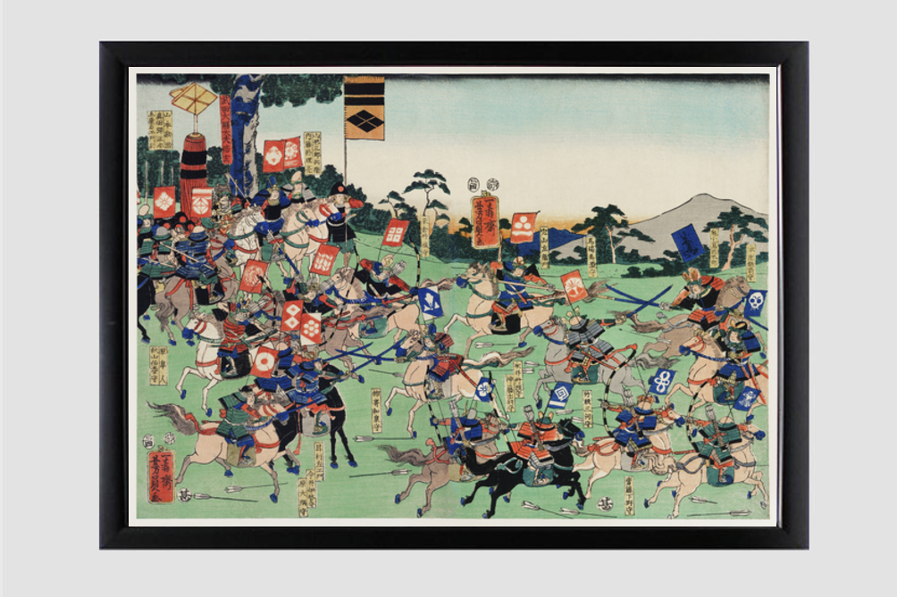 Kawanakajima no Kassen by Utagawa Kuniyoshi (1798-1861), a woodcut diptych of battle at Kawanakajima, showing two armies of cavalry in a battle with swordsmen and archers on horseback