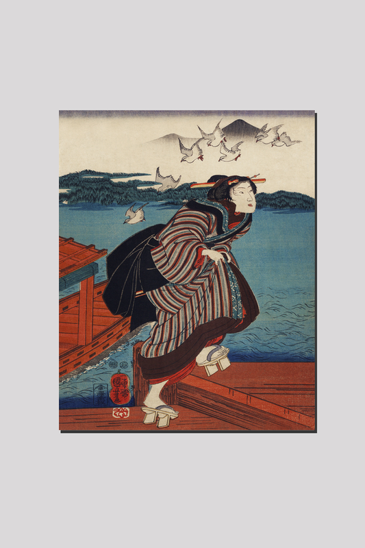 Sanbashi no Onna by Utagawa Kuniyoshi (1753-1806), translated Young Woman at Sanbashi, a traditional Japanese ukiyo-e style illustration of young woman wearing geta and kimono walking on a wharf and birds flying overhead