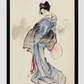 Woman, Full-Length Portrait, Standing, Facing Left, Holding Fan in Right Hand, Wearing Kimono with Check Design by Katsushika Hokusai (1760-1849), a traditional Japanese Ukyio-e style illustration of a Japanese woman in ki