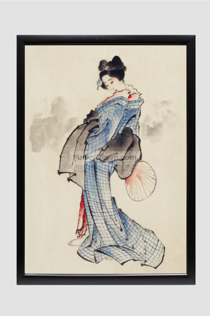 Woman, Full-Length Portrait, Standing, Facing Left, Holding Fan in Right Hand, Wearing Kimono with Check Design by Katsushika Hokusai (1760-1849), a traditional Japanese Ukyio-e style illustration of a Japanese woman in ki