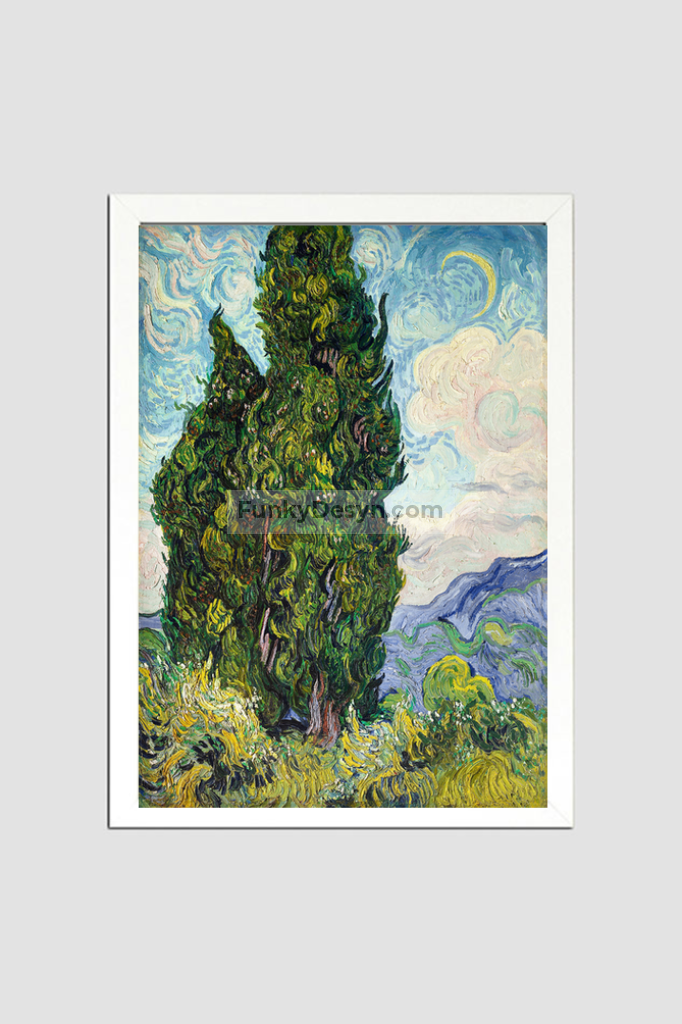 Cypresses (1889) By Vincent Van Gogh. 8.3X11.7 Inches/ White Framed Poster