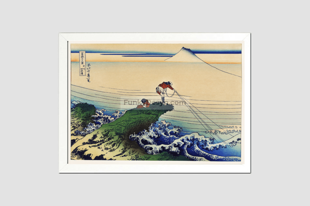 Koshu Kajikazawa by Katsushika Hokusai (1760-1849) a traditional Japanese Ukyio-e style illustration of a fisherman inland fishing with Mount Fuji in the background