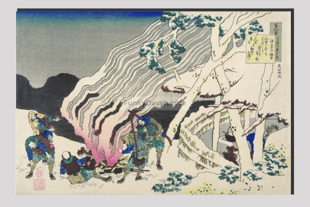 Minamoto no Muneyuki Ason by Katsushika Hokusai (1760-1849) a traditional Japanese Ukyio-e style illustration and poem of courtier warming themselves near the fire in the wintry night