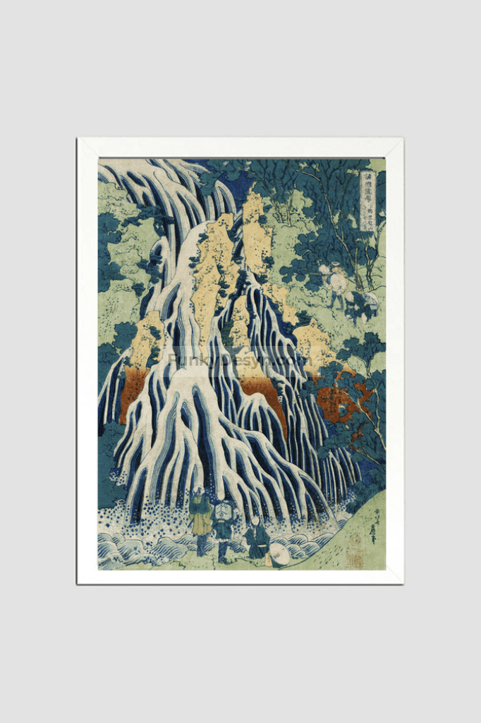 Shimotsuke Kurokami-Yama Kurifuri no Taki by Katsushika Hokusai (1760-1849) a traditional Japanese Ukyio-e style illustration of majestic Kirifuri Falls at Mount Kurokami in Shimosuke and sightseers