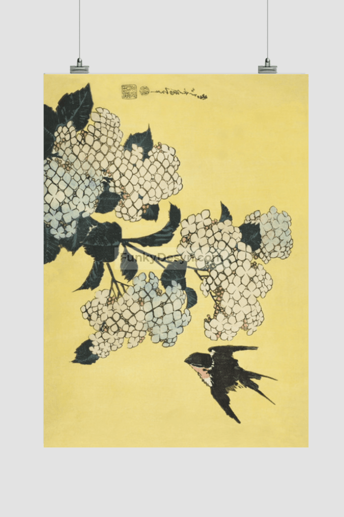 Hydrangea and Swallow, from an untitled series of large flowers by Katsushika Hokusai