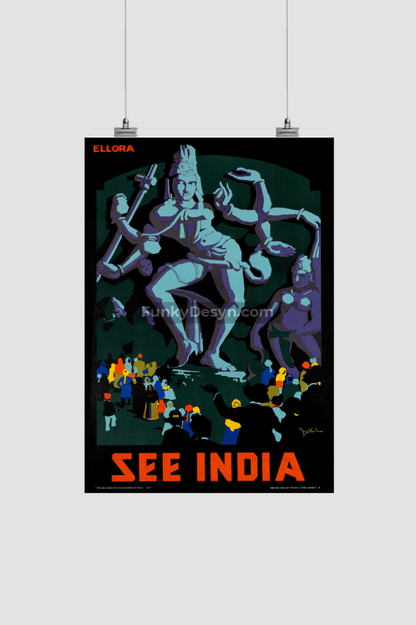 See India Ellora - Vintage Travel Poster 8.3X11.7 Inches/ Rolled Decor