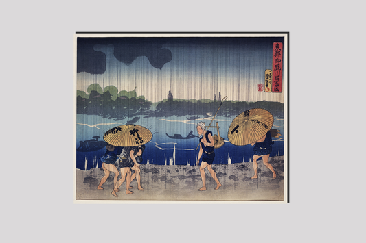 “People Walking Beneath Umbrellas Along the Seashore During a Rainstorm” by Utagawa Kuniyoshi (1798-1861), a woodcut illustrations of rural people traveling while raining.