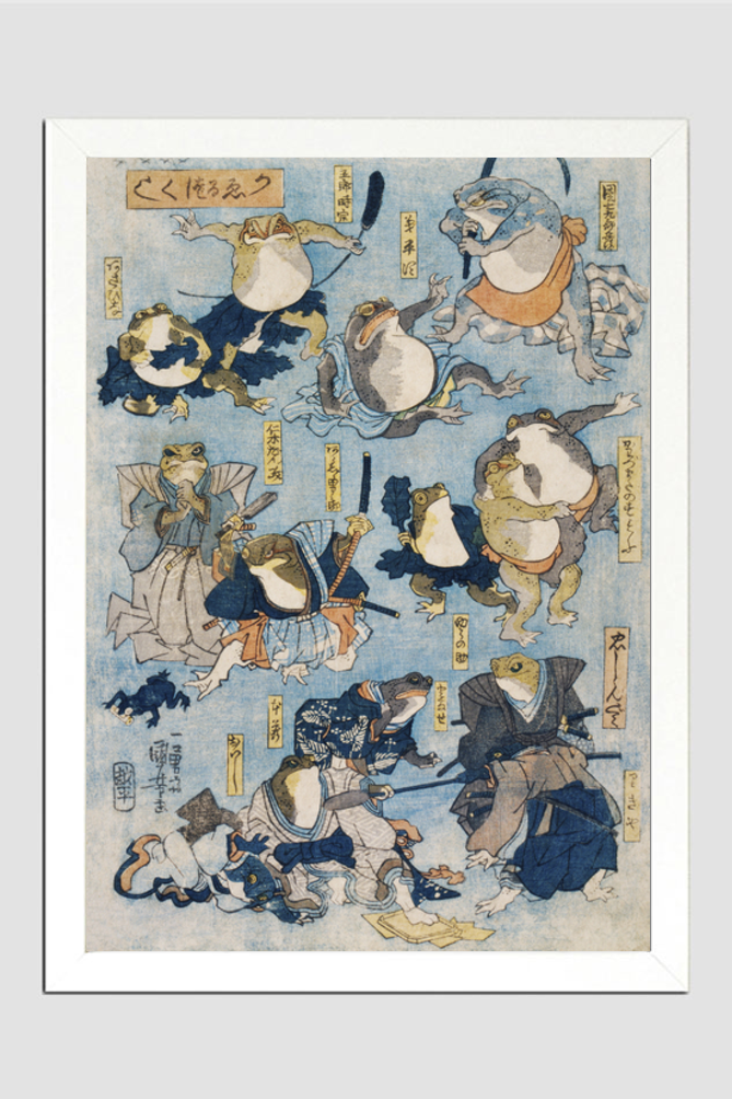 Famous Heroes of the Kabuki Stage Played by Frogs by Utagawa Kuniyoshi (1798-1861), a woodcut illustration of personified frogs in costume acting out scenes from Kabuki plays.