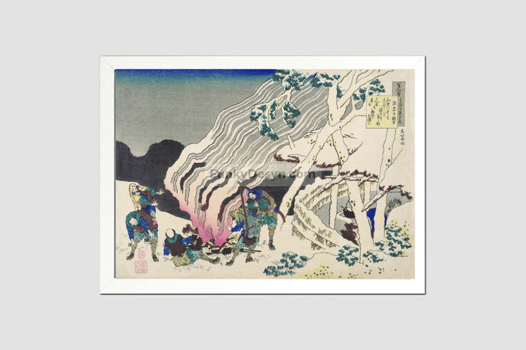 Minamoto no Muneyuki Ason by Katsushika Hokusai (1760-1849) a traditional Japanese Ukyio-e style illustration and poem of courtier warming themselves near the fire in the wintry night