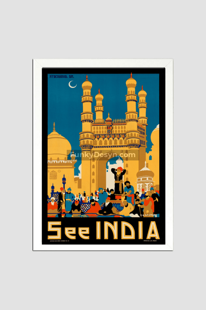 Visit India- Vintage Hyderabad Poster 8.3X11.7 Inches/ White Framed Decor