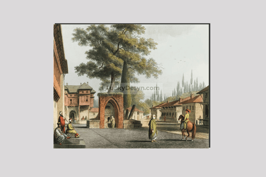 Caravansary at Kustchiuk Czemege from Views in the Ottoman Dominions, in Europe, in Asia, and some of the Mediterranean islands (1810)  by Luigi Mayer (1755-1803).