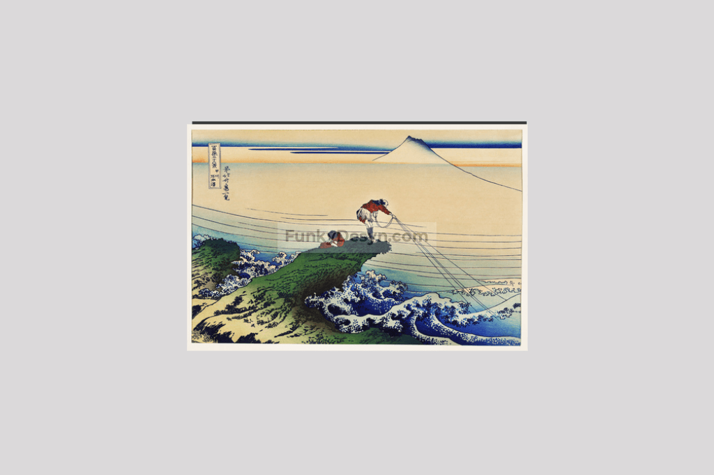 Koshu Kajikazawa by Katsushika Hokusai (1760-1849) a traditional Japanese Ukyio-e style illustration of a fisherman inland fishing with Mount Fuji in the background
