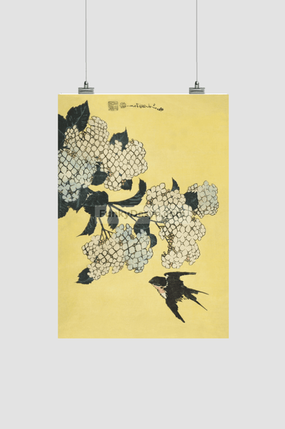 Hydrangea and Swallow, from an untitled series of large flowers by Katsushika Hokusai