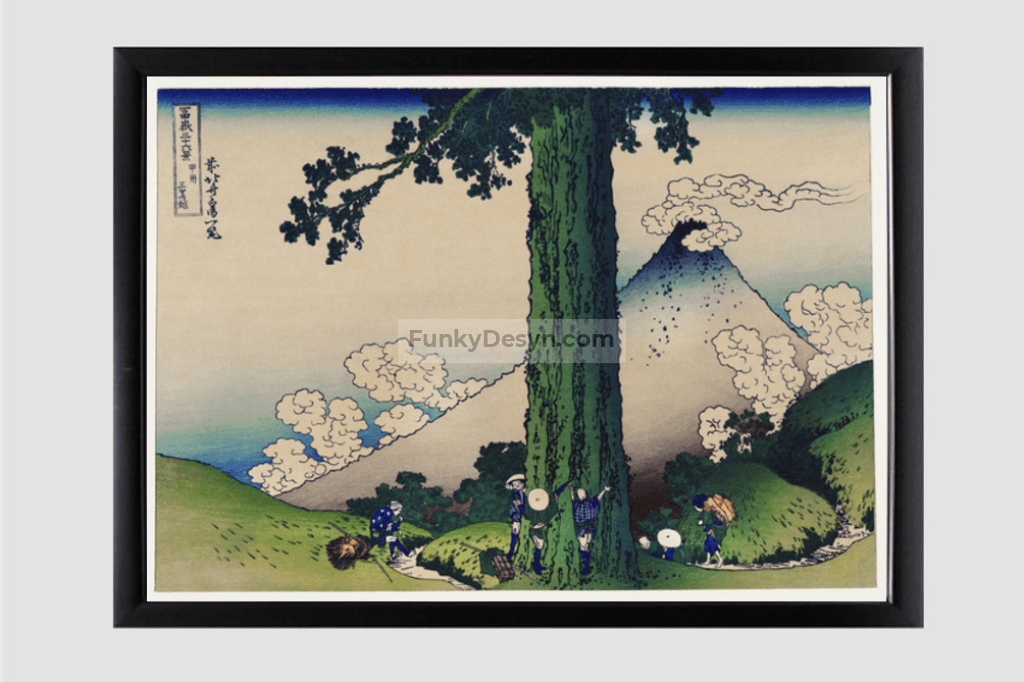 Mishima Pass in Kai Province by Katsushika Hokusai (1760-1849) a traditional Japanese Ukyio-e style illustration of Japanese local famers taking a break by the tree and Mount Fuji in the distance