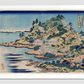 Sesshu Ajigawaguchi Tenposan by Katsushika Hokusai (1760-1849) a traditional Japanese Ukyio-e style illustration of a coastal community with shrines and pilgrims entering into the island