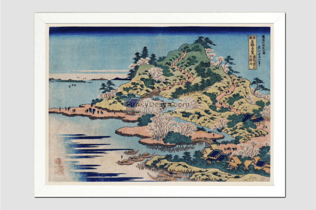 Sesshu Ajigawaguchi Tenposan by Katsushika Hokusai (1760-1849) a traditional Japanese Ukyio-e style illustration of a coastal community with shrines and pilgrims entering into the island