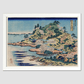 Sesshu Ajigawaguchi Tenposan by Katsushika Hokusai (1760-1849) a traditional Japanese Ukyio-e style illustration of a coastal community with shrines and pilgrims entering into the island