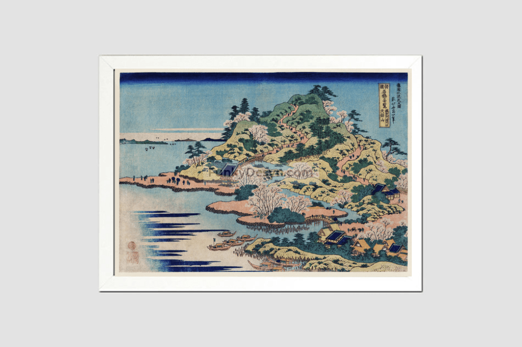 Sesshu Ajigawaguchi Tenposan by Katsushika Hokusai (1760-1849) a traditional Japanese Ukyio-e style illustration of a coastal community with shrines and pilgrims entering into the island
