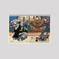 Sato Norikiyo Nyudo Saigo Yoshinaka by Utagawa Kuniyoshi (1753-1806), a traditional Japanese ukiyo-e style diptych illustration of a traditional Japanese man role, Sato Norikiyo, fighting off men who try to stop him to bec