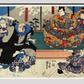 Sato Norikiyo Nyudo Saigo Yoshinaka by Utagawa Kuniyoshi (1753-1806), a traditional Japanese ukiyo-e style diptych illustration of a traditional Japanese man role, Sato Norikiyo, fighting off men who try to stop him to bec