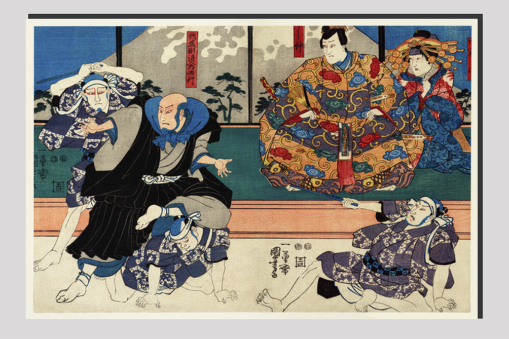 Sato Norikiyo Nyudo Saigo Yoshinaka by Utagawa Kuniyoshi (1753-1806), a traditional Japanese ukiyo-e style diptych illustration of a traditional Japanese man role, Sato Norikiyo, fighting off men who try to stop him to bec