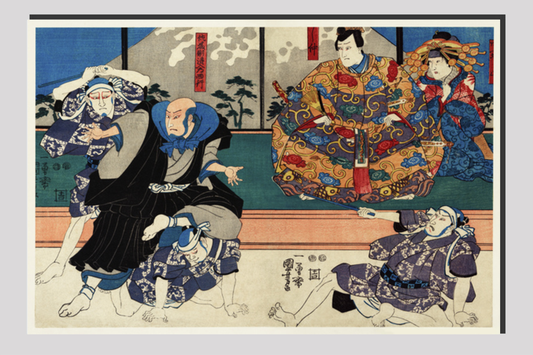 Sato Norikiyo Nyudo Saigo Yoshinaka by Utagawa Kuniyoshi (1753-1806), a traditional Japanese ukiyo-e style diptych illustration of a traditional Japanese man role, Sato Norikiyo, fighting off men who try to stop him to bec