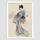 Woman, Full-Length Portrait, Standing, Facing Left, Holding Fan in Right Hand, Wearing Kimono with Check Design by Katsushika Hokusai (1760-1849), a traditional Japanese Ukyio-e style illustration of a Japanese woman in ki