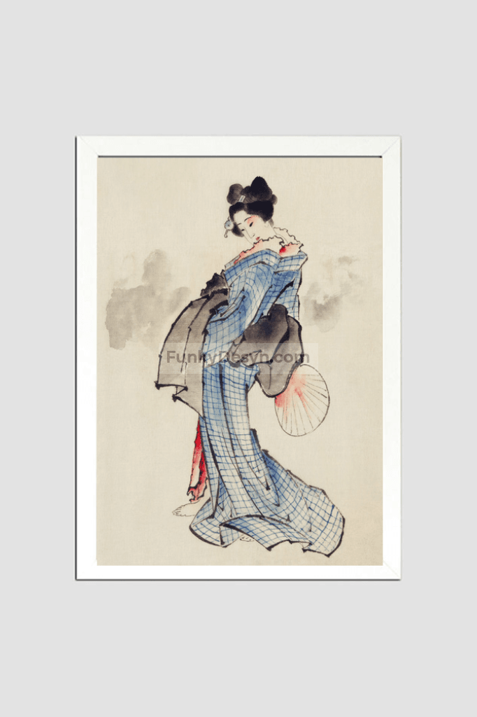 Woman, Full-Length Portrait, Standing, Facing Left, Holding Fan in Right Hand, Wearing Kimono with Check Design by Katsushika Hokusai (1760-1849), a traditional Japanese Ukyio-e style illustration of a Japanese woman in ki