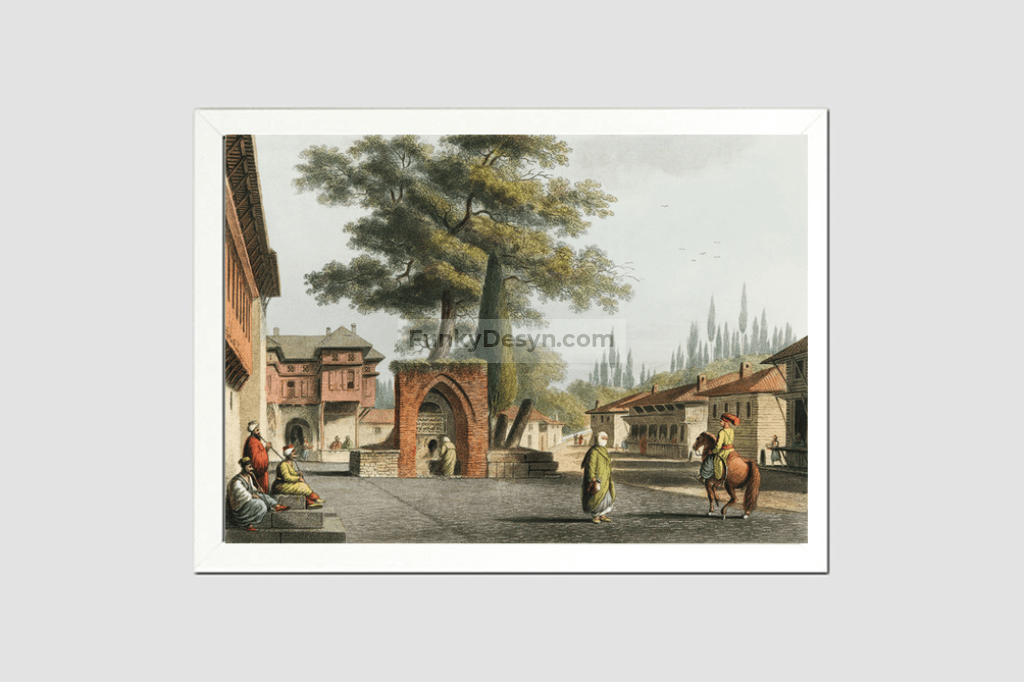 Caravansary at Kustchiuk Czemege from Views in the Ottoman Dominions, in Europe, in Asia, and some of the Mediterranean islands (1810)  by Luigi Mayer (1755-1803).