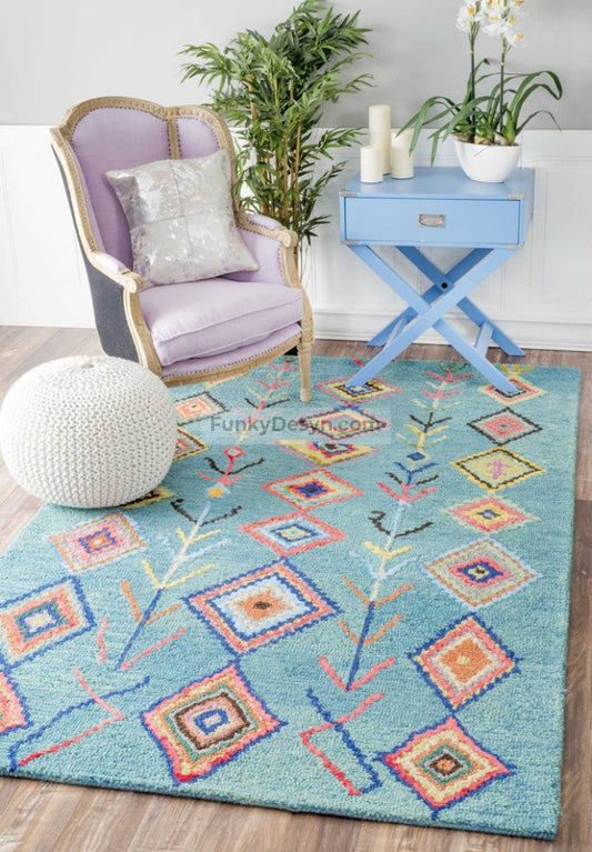Hand-Tufted Bohemian Moroccan Diamond Rug, Turquoise