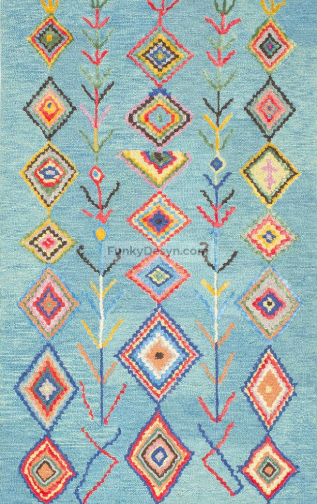 Hand-Tufted Bohemian Moroccan Diamond Rug, Turquoise