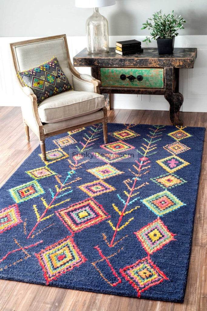 Hand-Tufted Bohemian Moroccan Diamond Rug, Navy