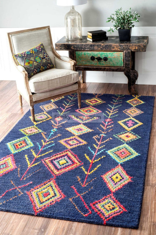 Hand-Tufted Bohemian Moroccan Diamond Rug, Navy